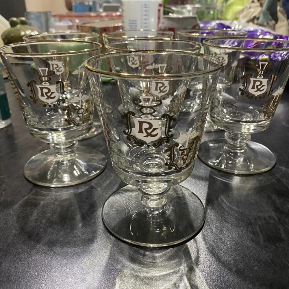 Set Of 7 - Vintage Libbey Apothecary Pharmacy Rx Gold Trim Barware  MCM